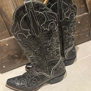 J.B. Dillon Black Goat Leather Lizard Inlay Heeled Boots